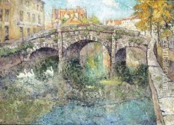 Le Pont Augustin A Bruges Oil Painting - Paul Leduc
