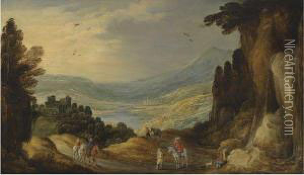 An Extensive River Landscape With Travellers On A Road Before Acastle Oil Painting - Joos De Momper