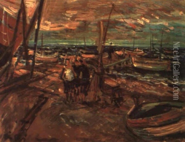 Figures By The Jetty Oil Painting - Abraham Mintchine