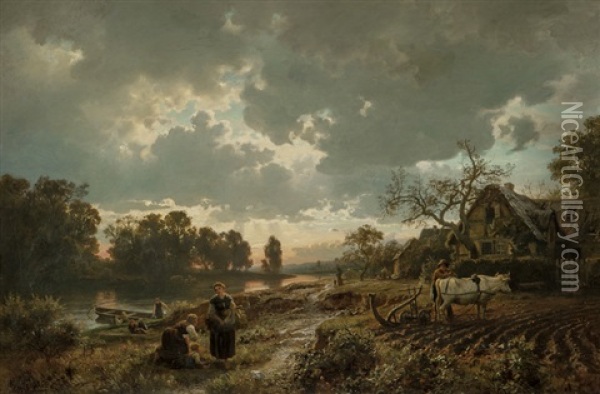 German Landscape In Spring, With Oxen Ploughing 1860 Oil Painting - Hans Frederick Gude