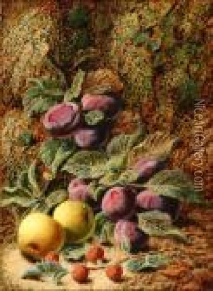 Still Life With Plums, Apples And Raspberries Oil Painting - Oliver Clare
