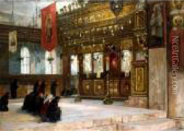 Eastern Orthodox Church Interior Oil Painting - Georg Macco