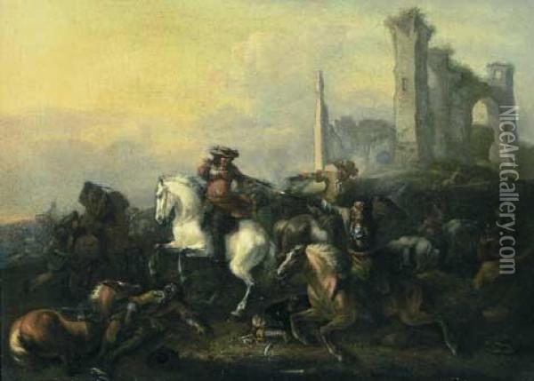 Scena Di Battaglia Con Rudere Sullo Sfondo Oil Painting - Georg Philipp I Rugendas