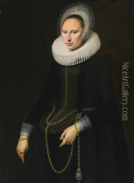 Portrait Of A Woman, Three Quarter Length, Wearing An Elaborate Lace Ruff, Cap And Cuffs Oil Painting - Cornelis van der Voort