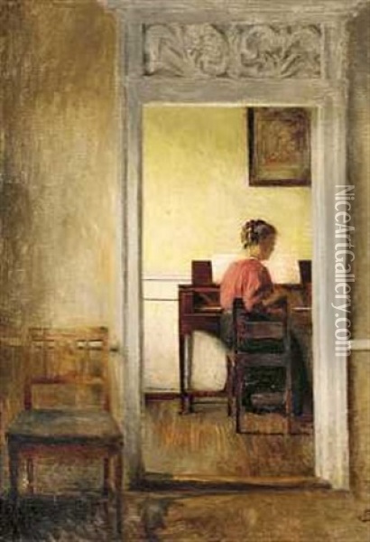 Interior Med Kvinde I Rod Bluse Siddende Ved Et Spinet Oil Painting - Peter Vilhelm Ilsted