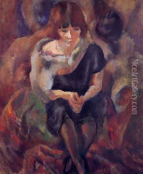 Lucy Wearing aa Fake Fur Oil Painting - Jules Pascin