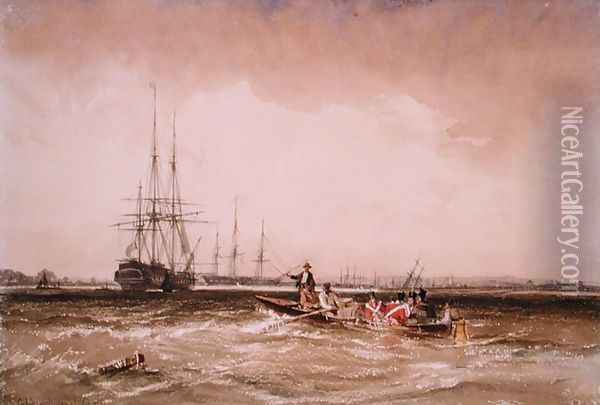 On the Medway (Marines Going out to the Indiaman, Northfleet), 1839 Oil Painting - George Chambers