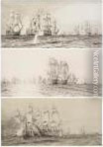 Three Studies For The Panorama 
Of The Battle Of Trafalgar: Victory, Redoutable, Temeraire And Fougueux 
Locked Together; Royal Sovereign Engaging Santa Ana; Santissima 
Trinidad, Largest Ship Afloat, Leviathan About To Rare Stern, Neptune 
And Africa Oil Painting - William Lionel Wyllie