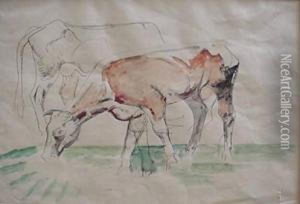 Horse And Cow- Watercolor And 
Pen And Ink On Paper, Minor Handling Creases, Some Tears In Paper Lower 
Right Corner, Some Foxing And Staining. 11 X 16'' Oil Painting - William Sommer