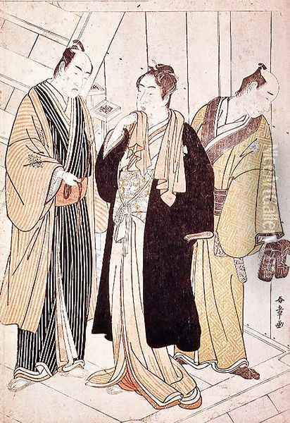 Two Actors Arriving Backstage, before 1785 Oil Painting - Yushido Shunsho