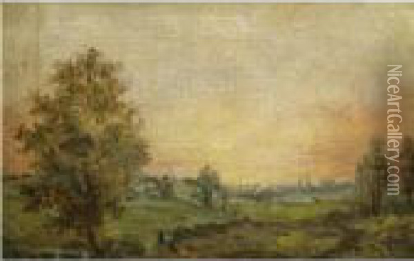 A Landscape Near Dedham At Sunset Oil Painting - John Constable