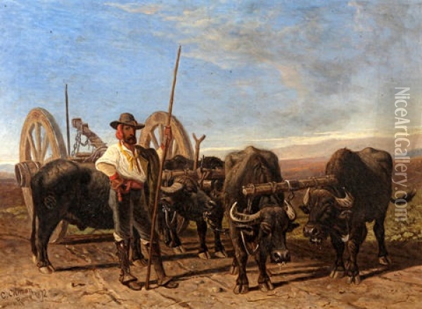 Buffalo And Buffalo Carts In The Roman Campania (pair) Oil Painting - Charles Coleman