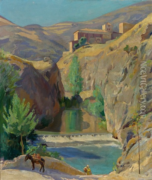 Schlucht Mit Fluss Aus Alvarrocin. Spanische Landschaft Oil Painting - Kurt Leyde