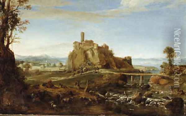 An Italianate Landscape with the town of Acquapendente, near Rome, and Shepherds and Washerwomen by the Banks of a River Oil Painting - Bartholomeus Breenbergh