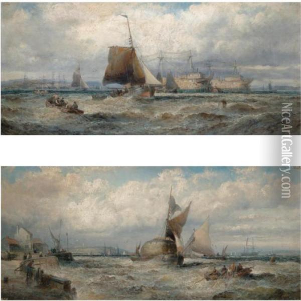A Fresh Breeze, Old Hulks On The
 Hamoaze, Devonport; Wind Against Tide, Barges At The Mouth Of The 
Thames Oil Painting - William A. Thornley Or Thornber