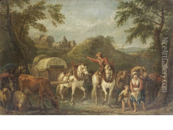 Travellers On Horseback With Cattle And Sheep Oil Painting - Pieter van Bloemen