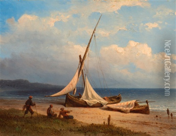 Figures And Boats On A Beach In The East Oil Painting - Johannes Hilverdink