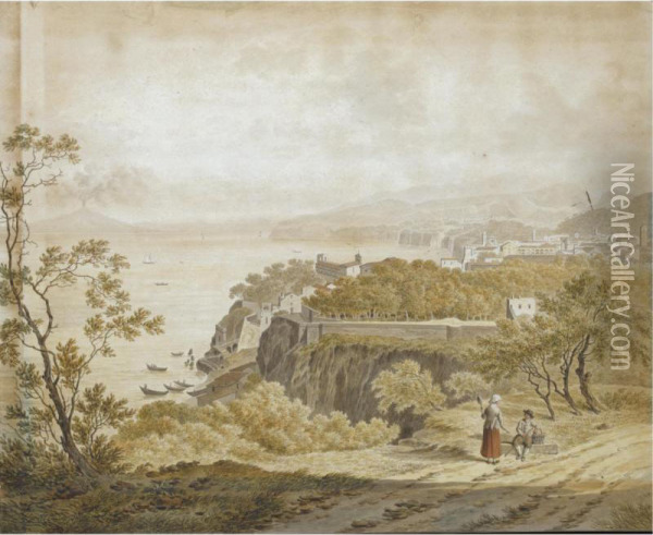 A View Of Sorrento, With Vesuvius Across The Bay And Two Travellers Resting In The Foreground Oil Painting - Daniel Dupre