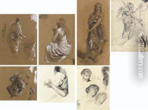 Six Figural Studies Including 
Studies Of A Woman's Head, The Sleeve Of A Dress, And A Kneeling Warrior
 And Drapery Studies Oil Painting - Franz Xaver Simm