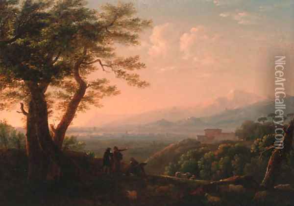 Artists conversing in an extensive Italianate landscape Oil Painting - Jean-Baptiste Lallemand