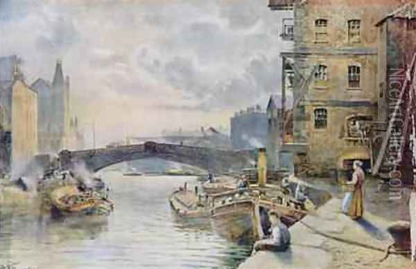 Leeds Bridge from Aire and Calder Navigation Wharf 1911 Oil Painting - Arthur Netherwood