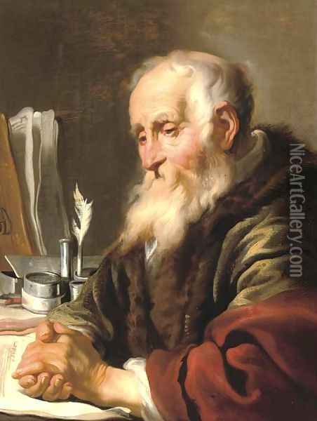 An elderly scholar at his desk Oil Painting - Jacob Adriaensz Backer
