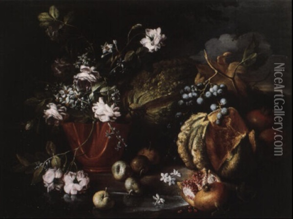 Nature Morte Au Vase De Fleurs, Melons Et Figures Oil Painting - Andrea Belvedere