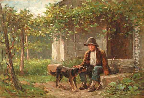 Young Boy with Dog Oil Painting - Hugh Newell