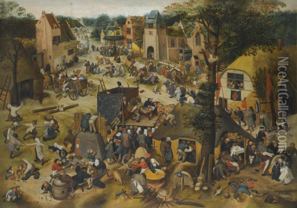 A Performance Of The Farce Een Cluyte Van Plaeyerwater At A
Village Kermesse Oil Painting - Pieter The Elder Brueghel