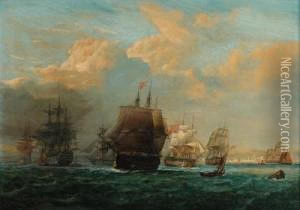 A Squadron Of The Fleet Off Malaga Oil Painting - John Christian Schetky