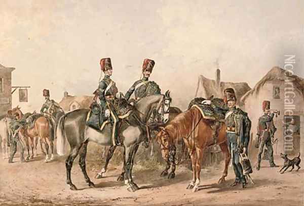 A detachment of the 8th Royal Hussars departing a country tavern Oil Painting - Orlando Norie