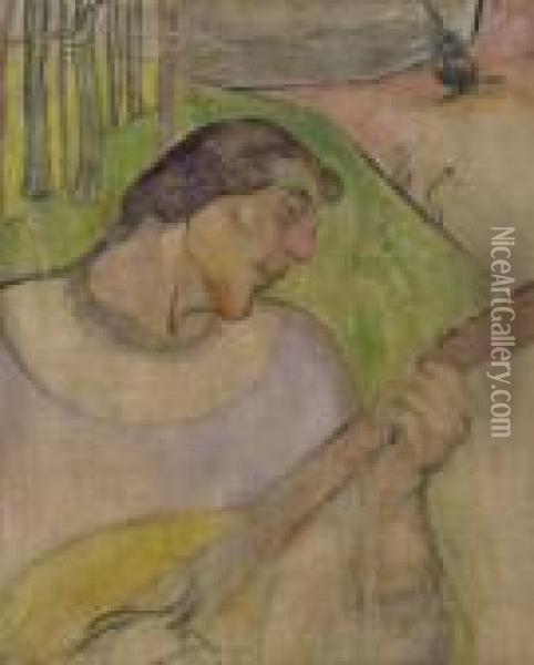 Autoportrait A La Mandoline Oil Painting - Paul Gauguin