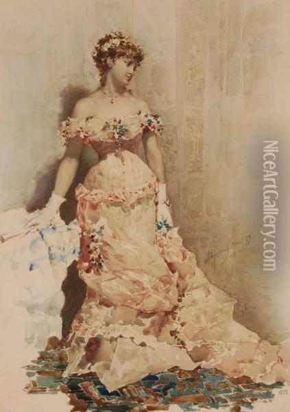 Full Length Portrait Of A Young Woman Wearing A Floral Trimmed Ball Gown Oil Painting - Sebastiano Guzzone