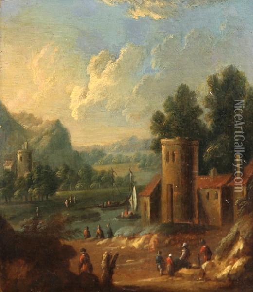 Figures By A Tower With Small Boats On A Riverbeyond Oil Painting - Matthys Balen