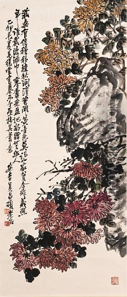 Chrysanthemums And Rock Oil Painting - Wu Changshuo