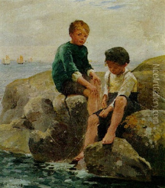 Two Boys Fishing Oil Painting - Harold Harvey