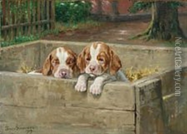 Two Pointer Puppies Oil Painting - Simon Simonsen