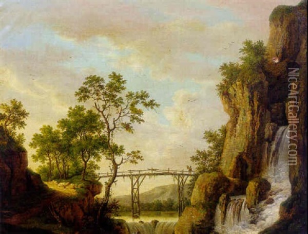 A Rocky River Landscape With An Angler Near A Waterfall, A Figure And A Dog Crossing A Footbridge Beyond Oil Painting - Jacob Philipp Hackert