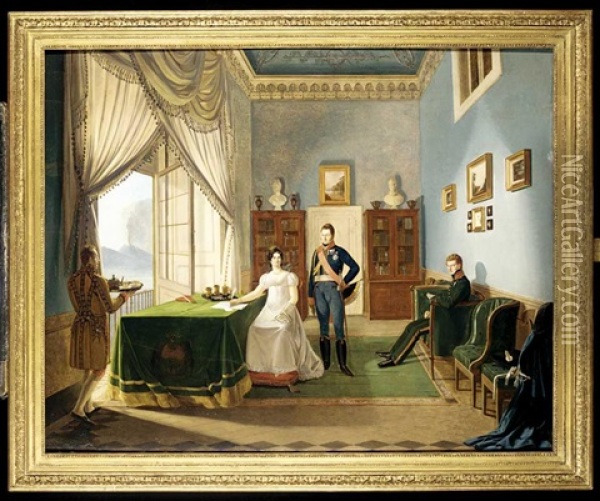 Interior Of The Royal Palace Of Naples With Ferdninand Ii And His Wife Maria Christina Di Savoia Oil Painting - Louis Nicolas Lemasle