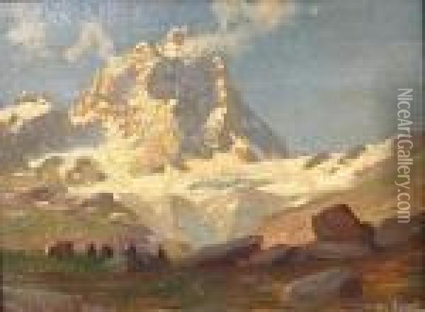 A View Of A Snow-covered Peak With Cattle Grazing In The Foreground Oil Painting - Leonardo Roda