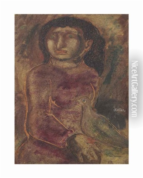 Woman With Dove Oil Painting - Jankel Adler