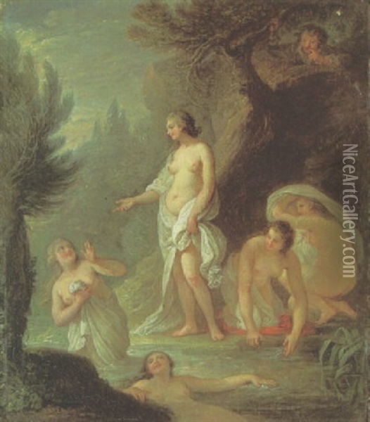 Nymphs Bathing In A Wooded Landscape, A Man Looking On Oil Painting - Francois Guerin