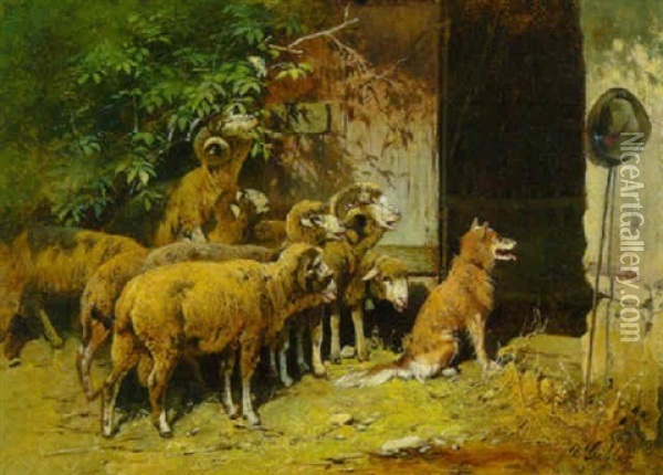Heimkehrende Schafe Und Hund Vor Dem Stall Oil Painting - Otto Friedrich Gebler