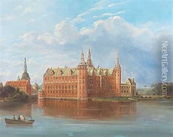 Parti Fra Frederiksborg Slot, I Forgrunden Et Selskab I En Robad Pa Soen Oil Painting - Ferdinand Richardt