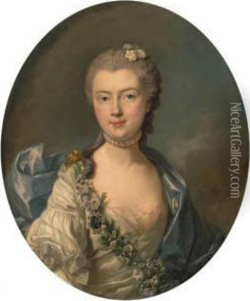 Portrait Of Countess Jeanne De 
Chrion-franois De Lamoignon,bust-length, In A White Silk Dress With A 
Blue Shawl And A Garlandof Flowers; And Portrait Of Count Chrion-franois
 De Lamoignon,bust-length, In A Grey Velvet Coat Oil Painting - Louis-Michel Van Loo