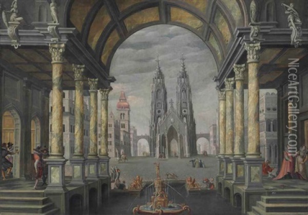 A Capriccio With Elegant Figures In An Arched Colonnade, A Town Square Beyond Oil Painting - Hans Vredeman (Jan) de Vries