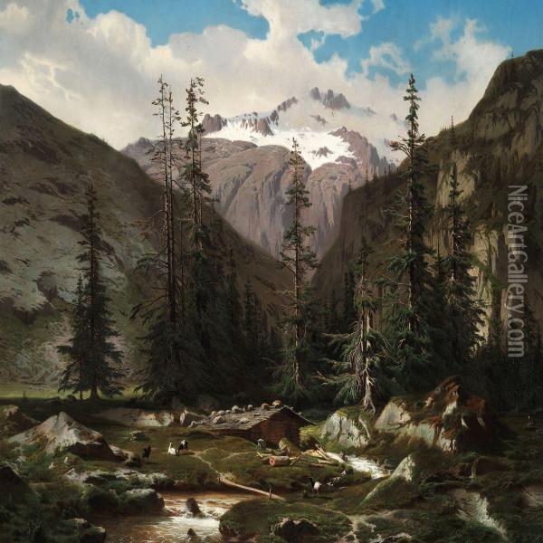 Mountain Landscape With Goats Near A River Oil Painting - Francois Roffiaen