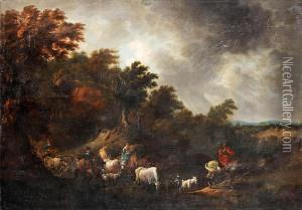 Landscape With Riding Company Oil Painting - Rembrandt Van Rijn