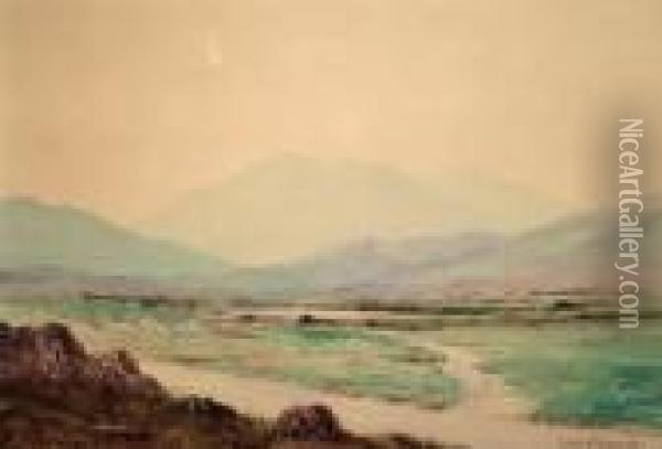 Mountain Landscape; Watercolour, Signed, Bears Inscription Verso, 25x36cm Oil Painting - Douglas Alexander