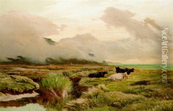 Cattle In A Coastal Landscape Oil Painting - Sidney Richard Percy